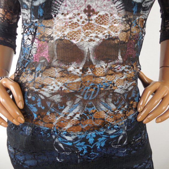HARLEY DAVIDSON Top M Long Black Lace Tunic Shirt Skull Logo Sheer 3/4 Sleeves - Picture 7 of 14